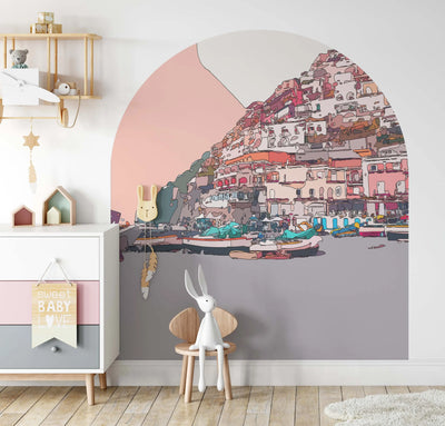 Amalfi Sunset - Pink Italian Coastal Arch Shaped Wall Stickers - Removable Bedheads - I Heart Wall Art