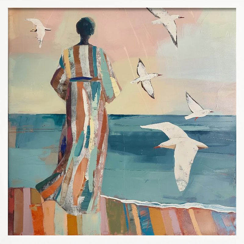 Woman and Seagull - Square Stretched Canvas, Poster or Fine Art Print I Heart Wall Art