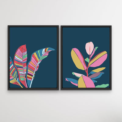 Fiddle Leaf and Banana Palm - Two Piece Turquoise Pink Contemporary Graphic Canvas Framed Wall Art Prints Diptych - I Heart Wall Art