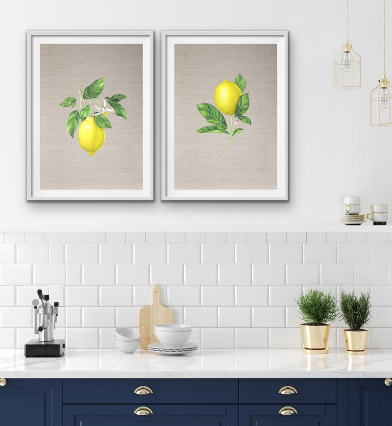 Lemons On Linen - Two Piece Lemon Watercolour Linen Kitchen Wall Art Print Diptych - I Heart Wall Art