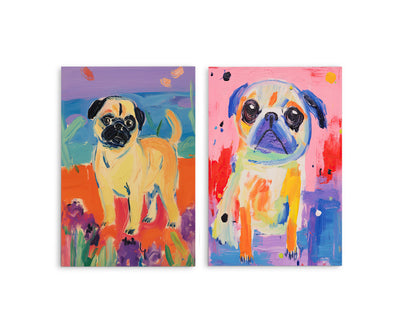 Two poster prints of colourful pugs. 