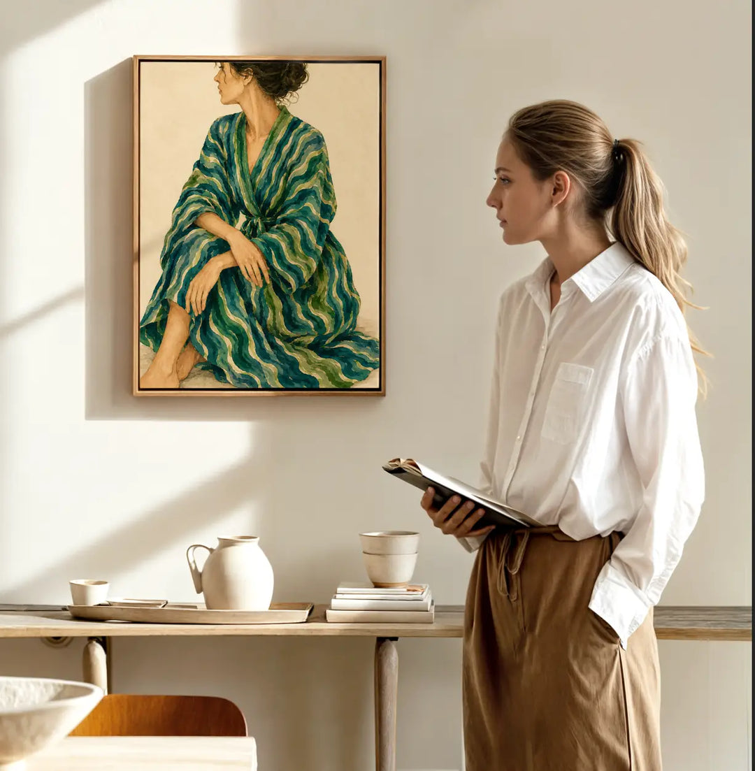 Woman standing next to canvas print of woman in green striped gown.