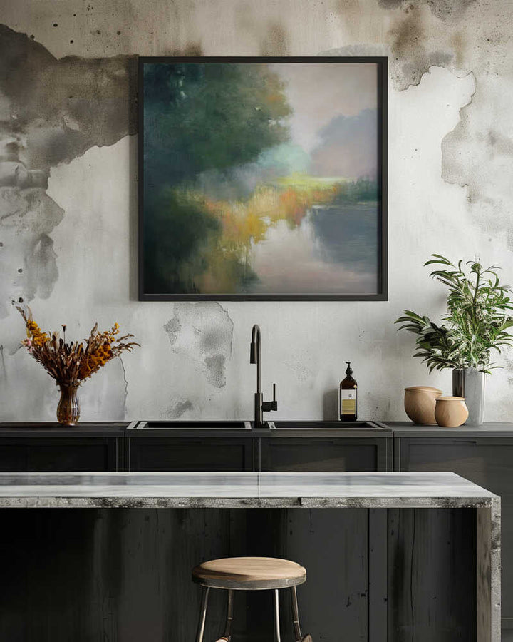 28 in Yellow and Green - Contemporary Landscape Square Stretched Canvas Poster or Fine Art Print