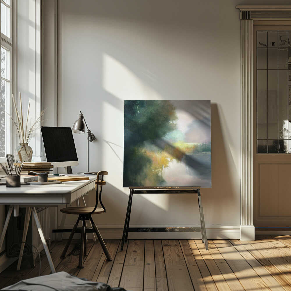 28 in Yellow and Green - Contemporary Landscape Square Stretched Canvas Poster or Fine Art Print