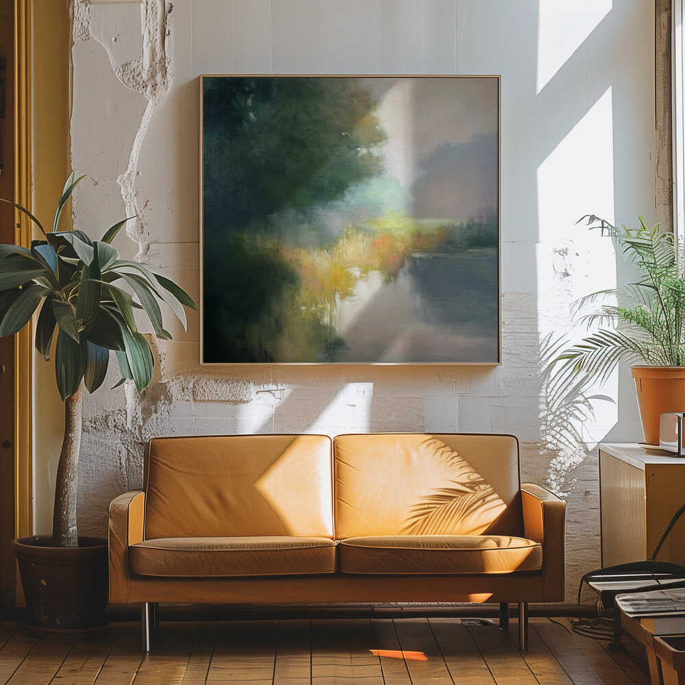28 in Yellow and Green - Contemporary Landscape Square Stretched Canvas Poster or Fine Art Print