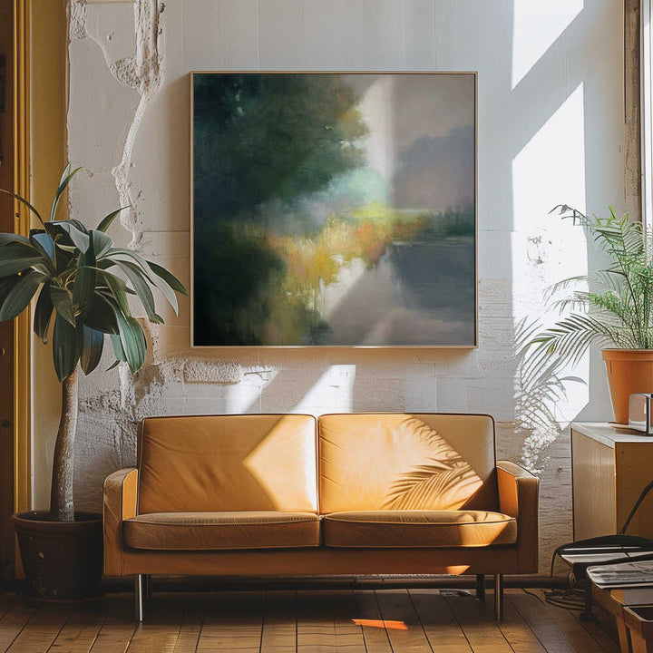 28 in Yellow and Green - Contemporary Landscape Square Stretched Canvas Poster or Fine Art Print