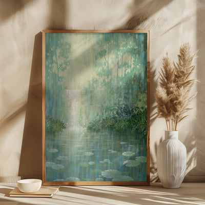 Mysterious Waterfall And Waterlily Pond - Square Stretched Canvas, Poster or Fine Art Print I Heart Wall Art