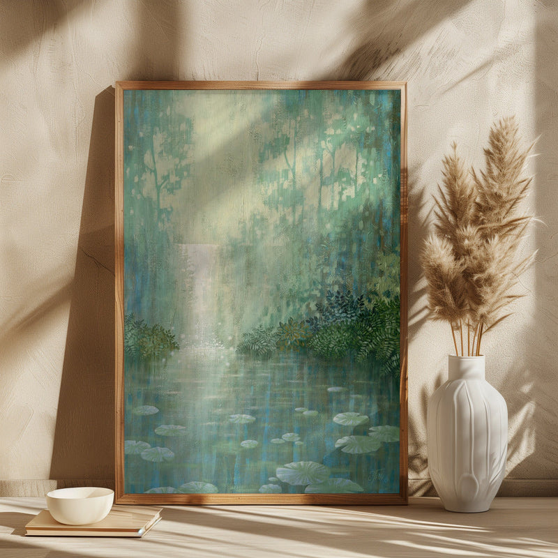 Mysterious Waterfall And Waterlily Pond - Square Stretched Canvas, Poster or Fine Art Print I Heart Wall Art