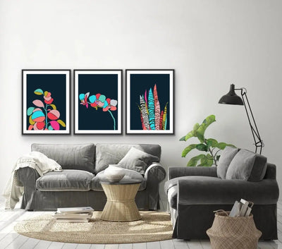 A Botanical Rainbow - Three Piece Blue Jungle Canvas Print Set Triptych - I Heart Wall Art - Poster Print, Canvas Print or Framed Art Print