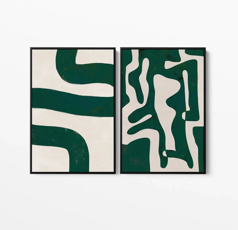 A Curious Journey- Two Piece Green Boho Contemporary Abstract Geometric Print Set on Canvas or Art Prints - I Heart Wall Art - Poster Print, Canvas Print or Framed Art Print