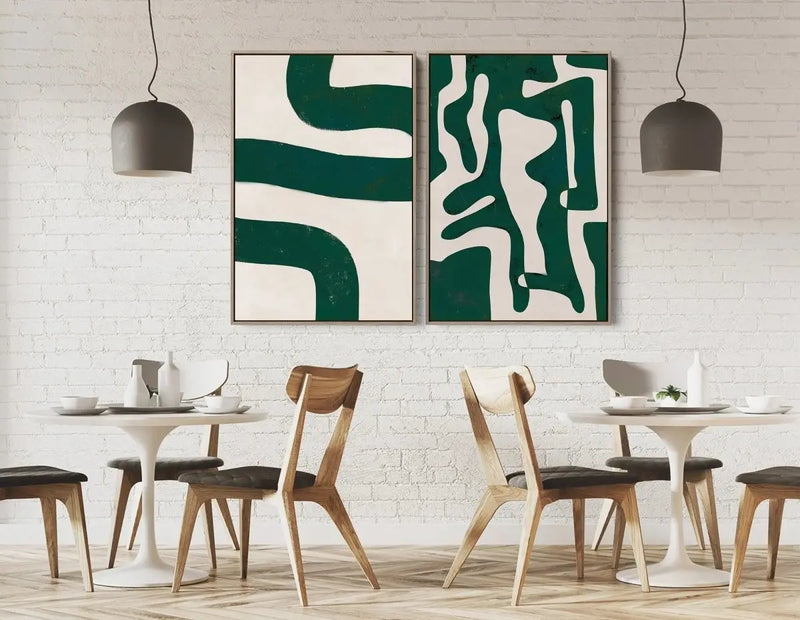 A Curious Journey- Two Piece Green Boho Contemporary Abstract Geometric Print Set on Canvas or Art Prints - I Heart Wall Art - Poster Print, Canvas Print or Framed Art Print