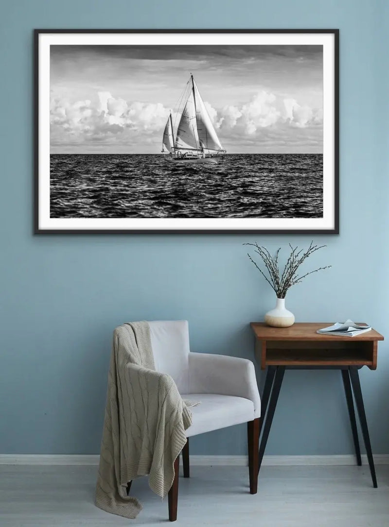 A Day On the Ocean - Black and White Yacht Sailing Photographic Canvas or Art Print - I Heart Wall Art - Poster Print, Canvas Print or Framed Art Print