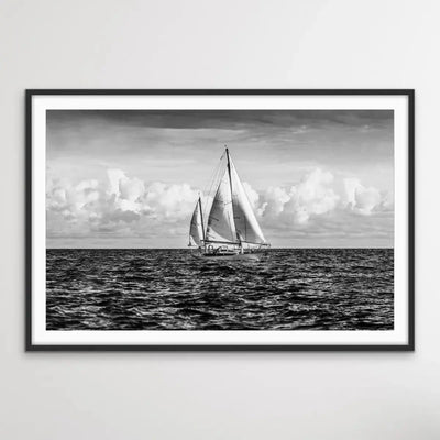 A Day On the Ocean - Black and White Yacht Sailing Photographic Canvas or Art Print - I Heart Wall Art