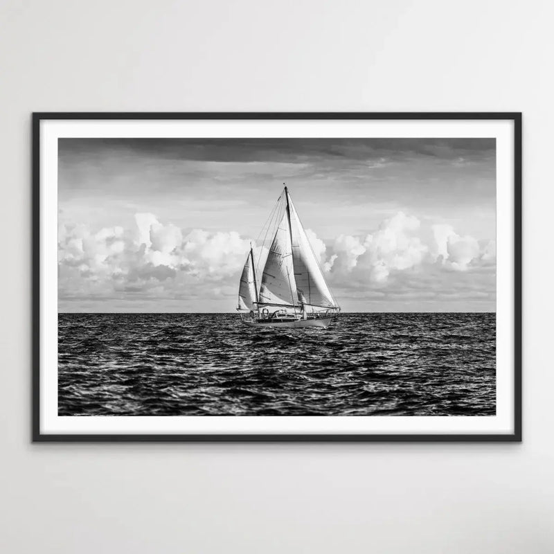 A Day On the Ocean - Black and White Yacht Sailing Photographic Canvas or Art Print - I Heart Wall Art