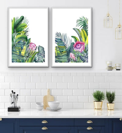 A Green Oasis - Two Piece Tropical Garden Watercolour Wall Art Print Set Diptych - I Heart Wall Art - Poster Print, Canvas Print or Framed Art Print