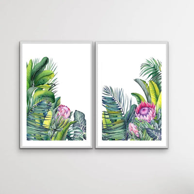 A Green Oasis - Two Piece Tropical Garden Watercolour Wall Art Print Set Diptych - I Heart Wall Art - Poster Print, Canvas Print or Framed Art Print