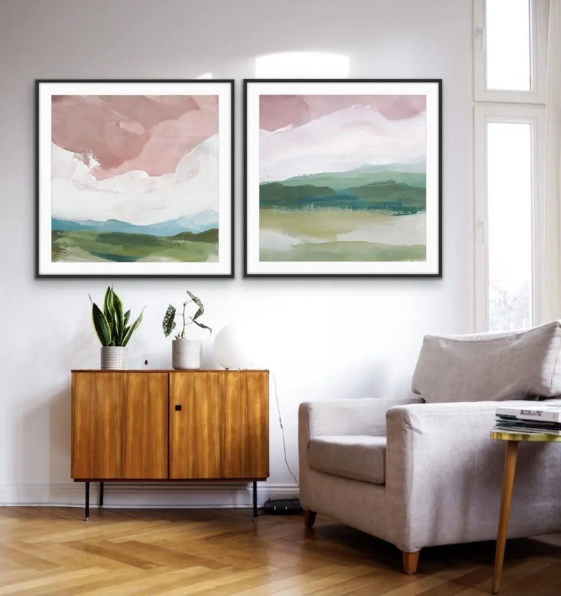 A Magic Place - Two Piece Square Pink and Green Abstract Print Set - I Heart Wall Art - Poster Print, Canvas Print or Framed Art Print