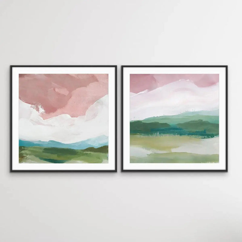 A Magic Place - Two Piece Square Abstract Landscape Pink and Green Print Set