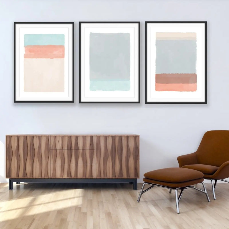 A Path Forward - Abstract Coral Pink and Blue Three Piece Print Set Triptych - I Heart Wall Art - Poster Print, Canvas Print or Framed Art Print