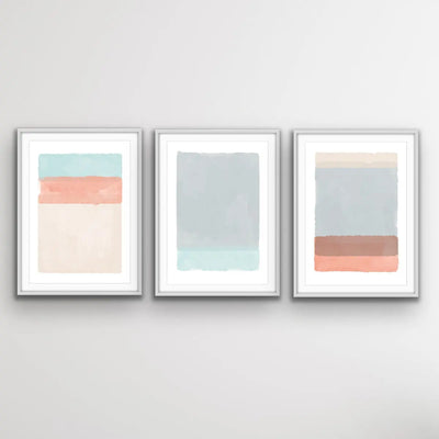 A Path Forward - Abstract Coral Pink and Blue Three Piece Print Set Triptych - I Heart Wall Art - Poster Print, Canvas Print or Framed Art Print