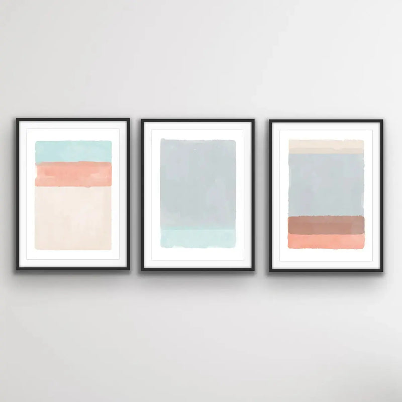 A Path Forward - Abstract Coral Pink and Blue Three Piece Print Set Triptych - I Heart Wall Art - Poster Print, Canvas Print or Framed Art Print