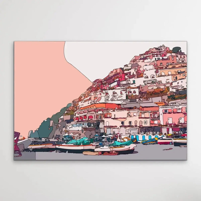 Amalfi Sunset - Pink Amalfi Coast Italian Line Drawing Print - I Heart Wall Art - Poster Print, Canvas Print or Framed Art Print