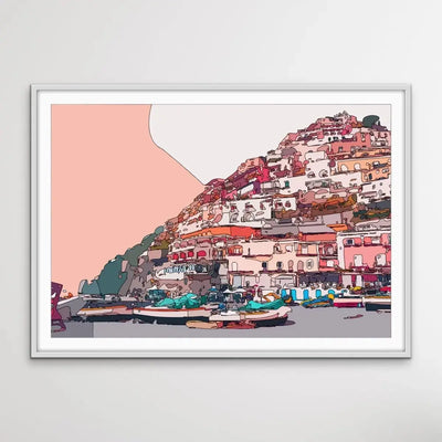 Amalfi Sunset - Pink Amalfi Coast Italian Line Drawing Print - I Heart Wall Art - Poster Print, Canvas Print or Framed Art Print