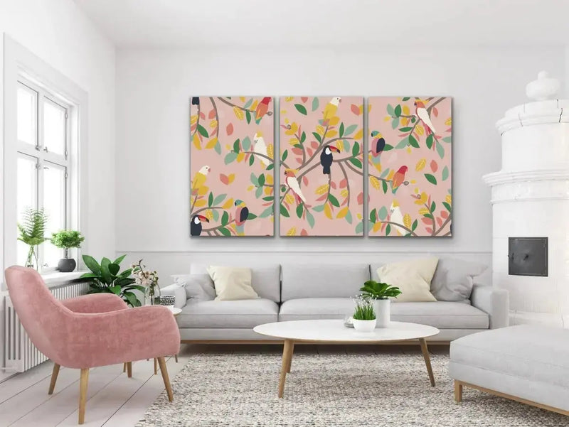 Aviary Pink Three Piece Bird Nature Floral Canvas Wall Art - I Heart Wall Art