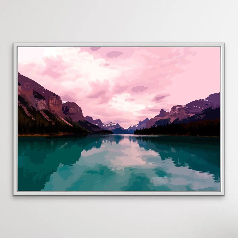 Away From It All - Vivid Mountain Landscape Print in Pink and Green - I Heart Wall Art - Poster Print, Canvas Print or Framed Art Print