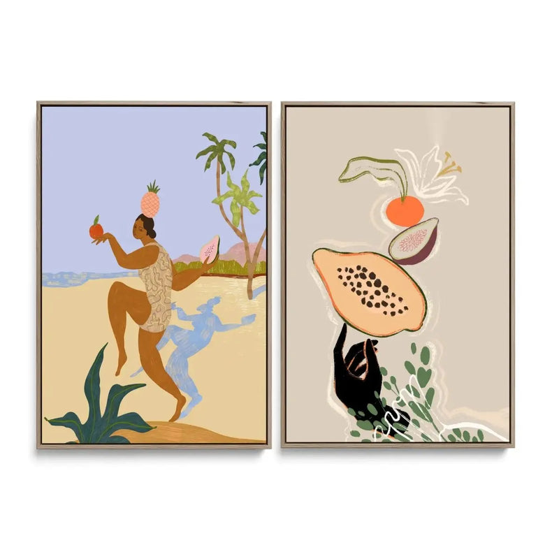 Balancing Act and Balancing Fruits by Arty Guava - Two Piece Stretched Canvas or Art Print Set Diptych - I Heart Wall Art - Poster Print, Canvas Print or Framed Art Print