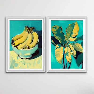 Banana and Banana Leafs - Two Piece Yellow and Turquoise Painted Print Set by Treechild I Heart Wall Art Australia 