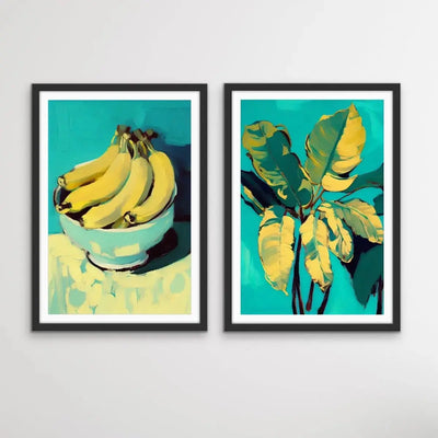 Banana and Banana Leafs - Two Piece Yellow and Turquoise Painted Print Set by Treechild I Heart Wall Art Australia 