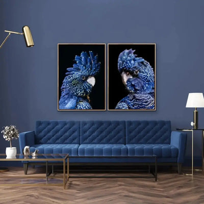 Black Cockatoo On Black - Two Piece Black Cockatoo Stretched Canvas Framed Wall Art Diptych - I Heart Wall Art