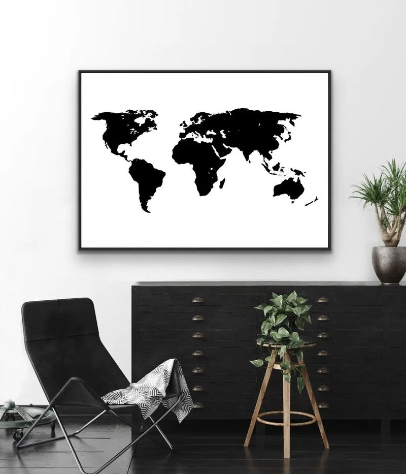 Black and White World Map - Framed Canvas Wall Art Print - I Heart Wall Art - Poster Print, Canvas Print or Framed Art Print