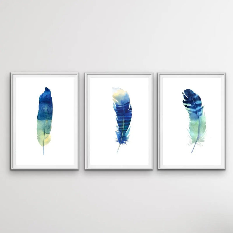 Blue Feather Watercolour Wall Art Prints - Three Piece Art Print Set Triptych - I Heart Wall Art - Poster Print, Canvas Print or Framed Art Print