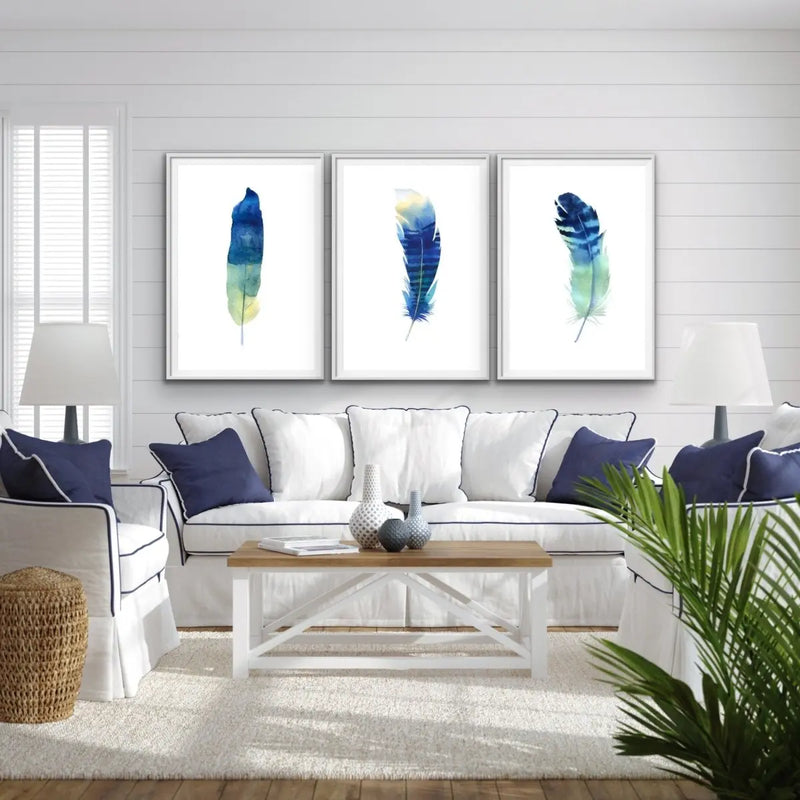 Blue Feather Watercolour Wall Art Prints - Three Piece Art Print Set Triptych - I Heart Wall Art - Poster Print, Canvas Print or Framed Art Print