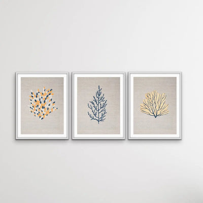 Blue and Yellow Coral On Linen Seaside Wall Art Prints - Three Piece Art Print Set Triptych - I Heart Wall Art - Poster Print, Canvas Print or Framed Art Print