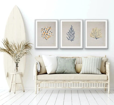 Blue and Yellow Coral On Linen Seaside Wall Art Prints - Three Piece Art Print Set Triptych - I Heart Wall Art