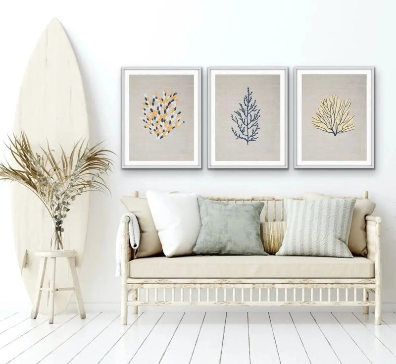Blue and Yellow Coral On Linen Seaside Wall Art Prints - Three Piece Art Print Set Triptych - I Heart Wall Art