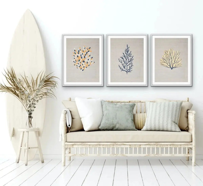 Blue and Yellow Coral On Linen Seaside Wall Art Prints - Three Piece Art Print Set Triptych - I Heart Wall Art - Poster Print, Canvas Print or Framed Art Print