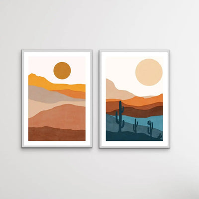Bohemian Mountains - Two Piece Gouache Boho Style Desert Print Set Diptych - I Heart Wall Art - Poster Print, Canvas Print or Framed Art Print