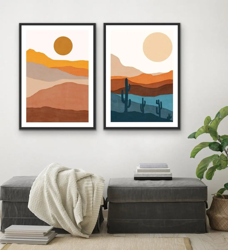 Bohemian Mountains - Two Piece Gouache Boho Style Desert Print Set Diptych - I Heart Wall Art - Poster Print, Canvas Print or Framed Art Print