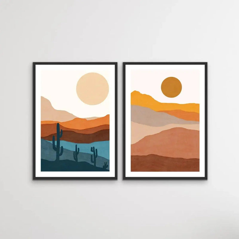 Bohemian Mountains - Two Piece Gouache Boho Style Desert Print Set Diptych - I Heart Wall Art - Poster Print, Canvas Print or Framed Art Print
