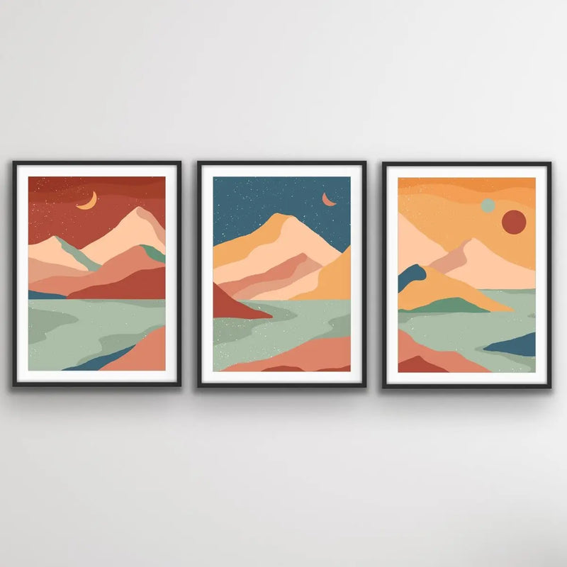 Boho Mountain Surreal Landscape Three Piece Art and Canvas Print Set Triptych - I Heart Wall Art - Poster Print, Canvas Print or Framed Art Print