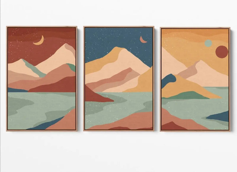 Boho Mountain Surreal Landscape Three Piece Art and Canvas Print Set Triptych - I Heart Wall Art - Poster Print, Canvas Print or Framed Art Print