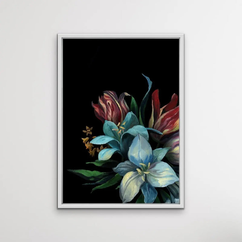 Bouquet On Black In Blue Stretched Canvas Print - I Heart Wall Art - Poster Print, Canvas Print or Framed Art Print