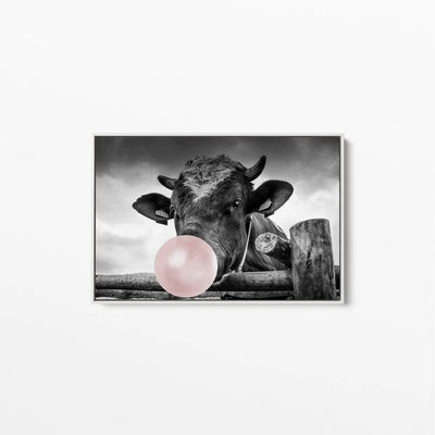 Bubblegum Cow- Stretched Canvas Wall Art Print Black And White - I Heart Wall Art - Poster Print, Canvas Print or Framed Art Print