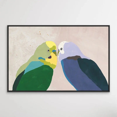 Budgie Kiss - Budgerigar Contemporary Artwork Canvas or Art Print - I Heart Wall Art - Poster Print, Canvas Print or Framed Art Print