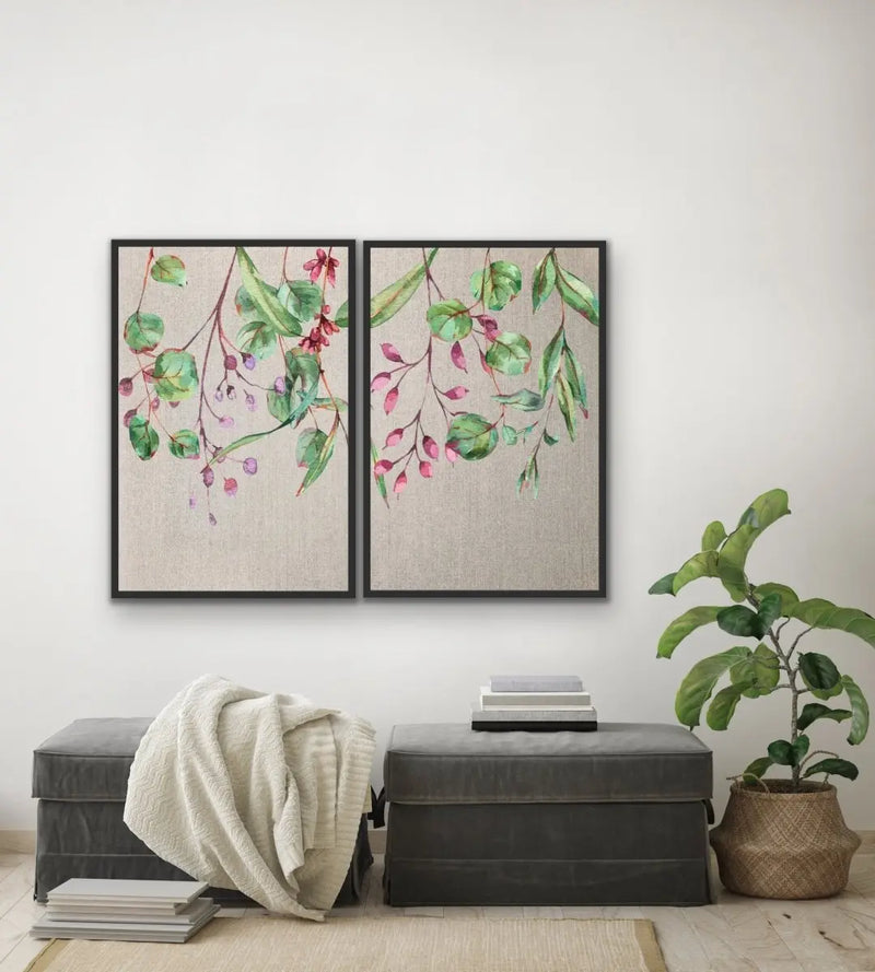 Bush Dreaming - Two Piece Eucalyptus Watercolour Stretched Canvas Framed Wall Art Diptych - I Heart Wall Art - Poster Print, Canvas Print or Framed Art Print
