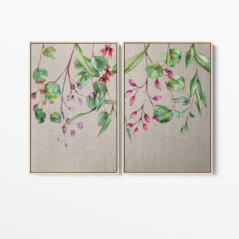 Bush Dreaming - Two Piece Eucalyptus Watercolour Stretched Canvas Framed Wall Art Diptych - I Heart Wall Art - Poster Print, Canvas Print or Framed Art Print